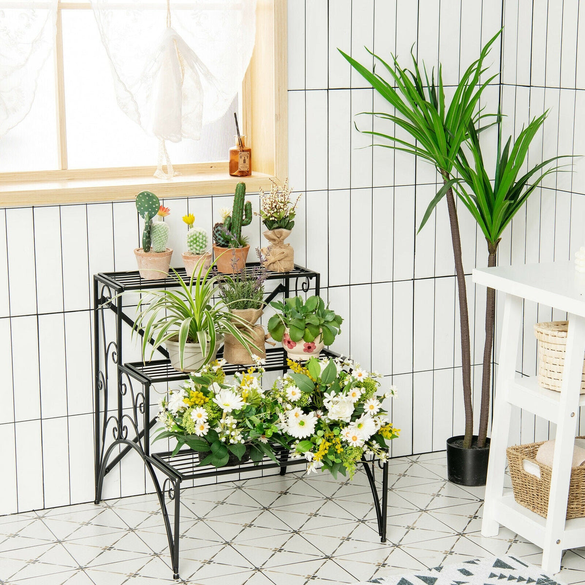 3-Tier Metal Plant Stand with Wide Grid Shelves
