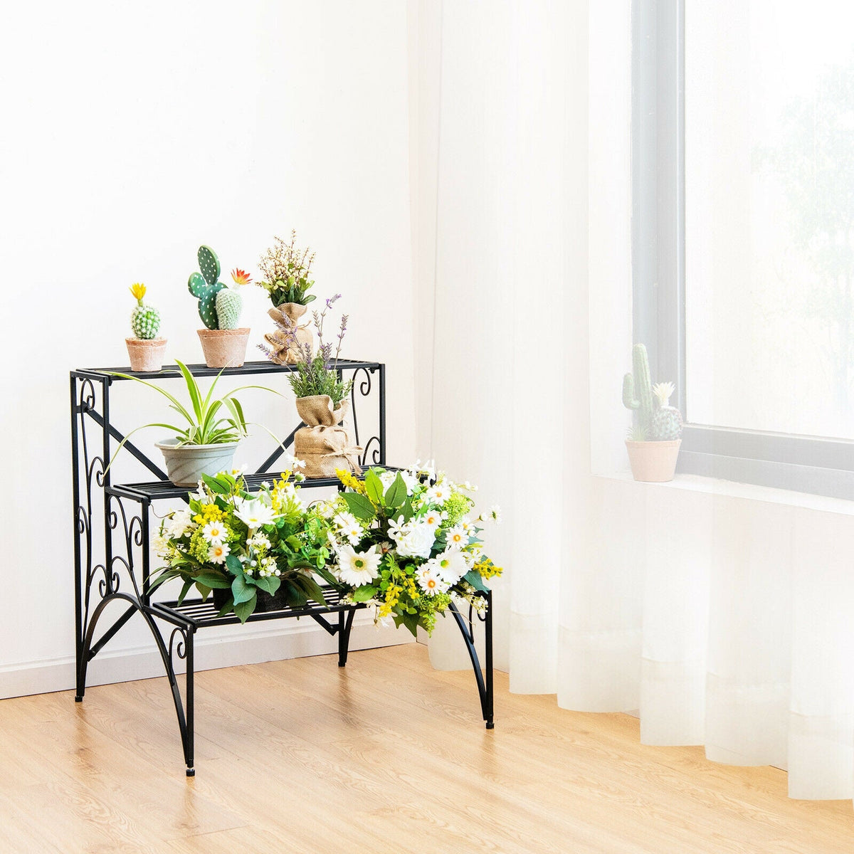3-Tier Metal Plant Stand with Wide Grid Shelves