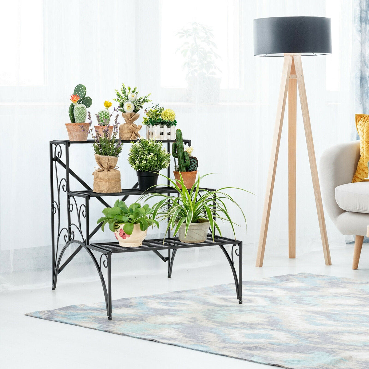 3-Tier Metal Plant Stand with Wide Grid Shelves