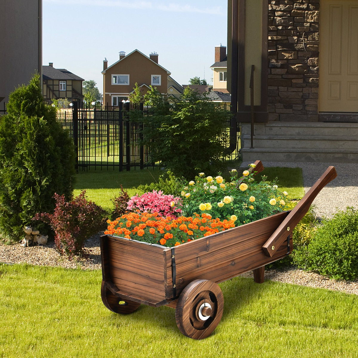Wooden Wagon Planter Box with Wheels and Handles