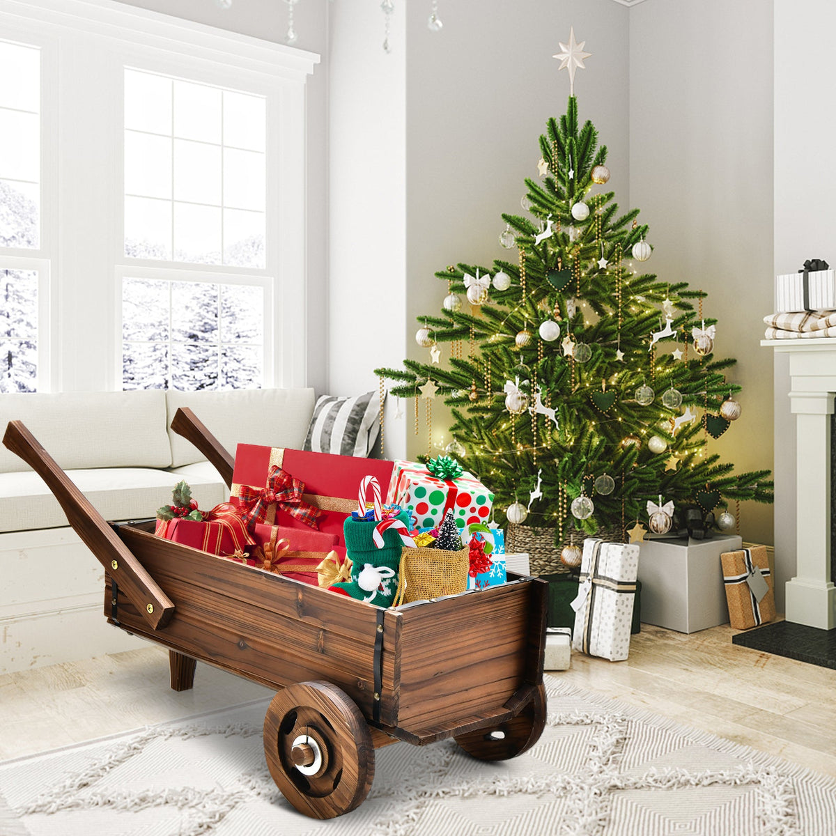 Wooden Wagon Planter Box with Wheels and Handles