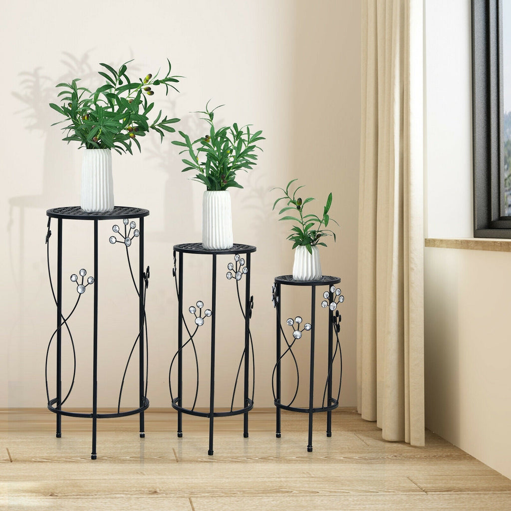 Set of 3 Round Metal Plant Stands with Floral Accents
