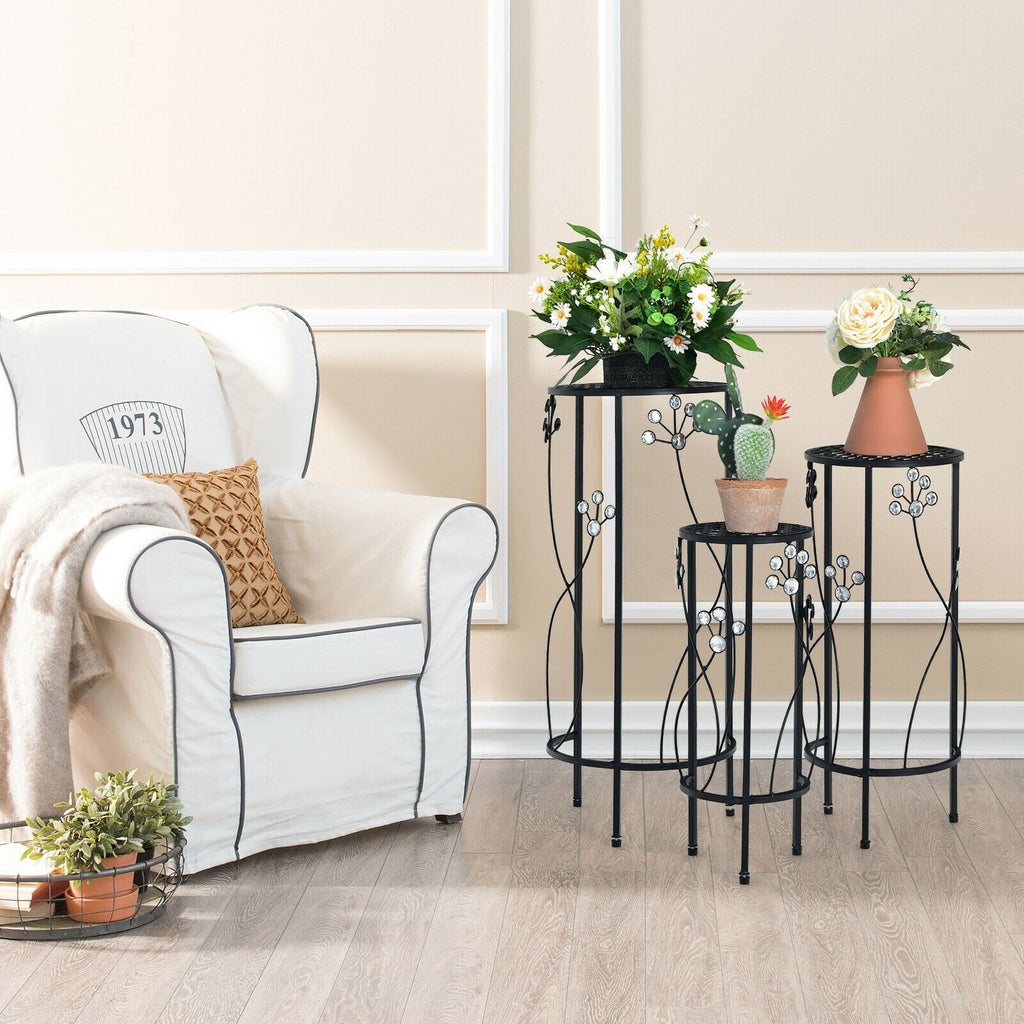 Set of 3 Round Metal Plant Stands with Floral Accents