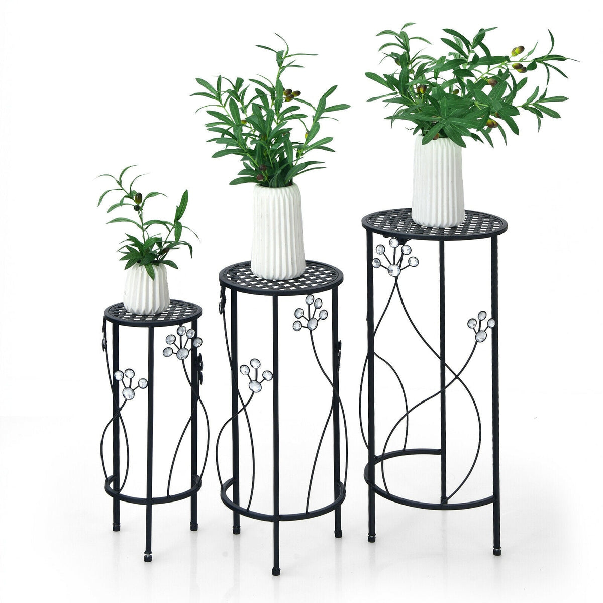 Set of 3 Round Metal Plant Stands with Floral Accents