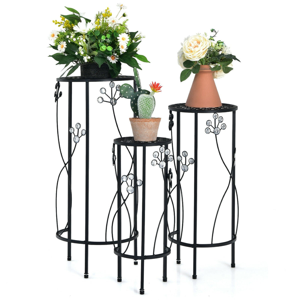 Set of 3 Round Metal Plant Stands with Floral Accents