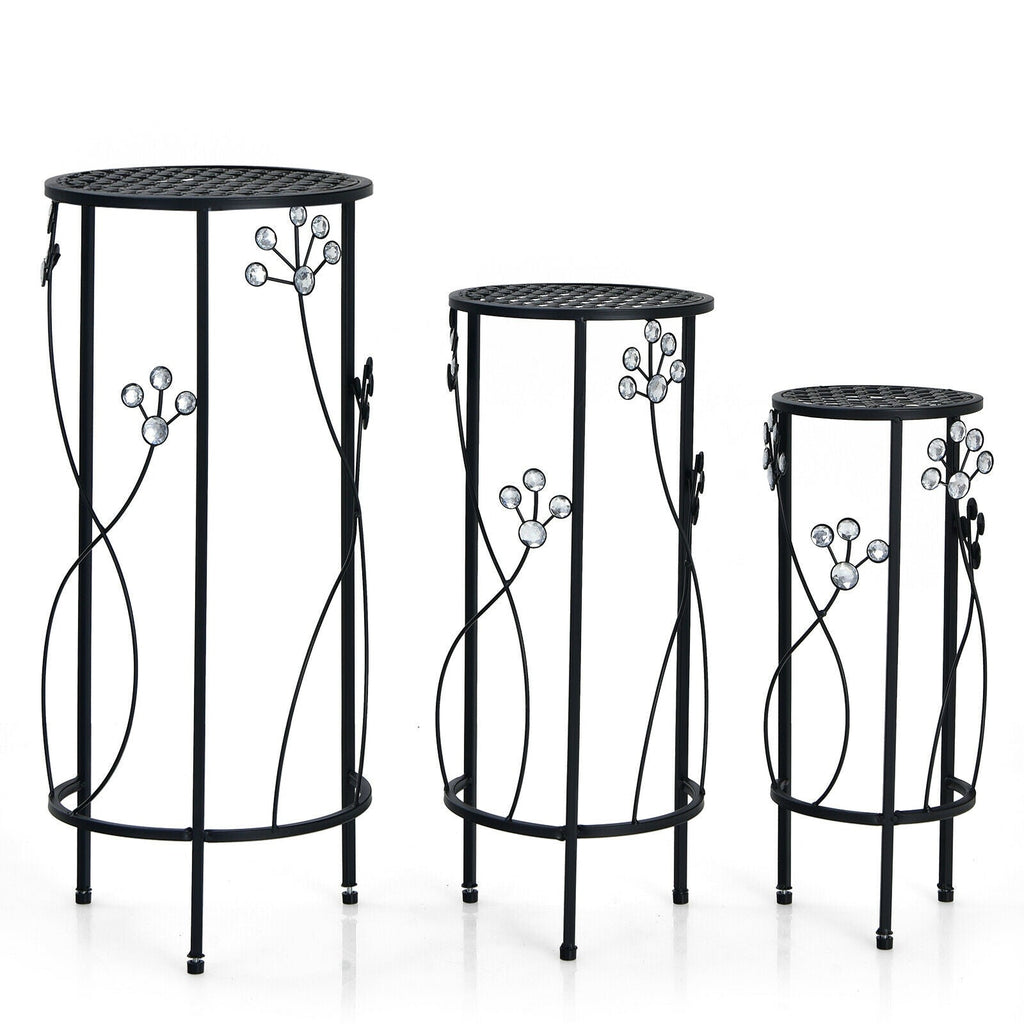 Set of 3 Round Metal Plant Stands with Floral Accents