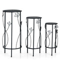 Set of 3 Round Metal Plant Stands with Floral Accents