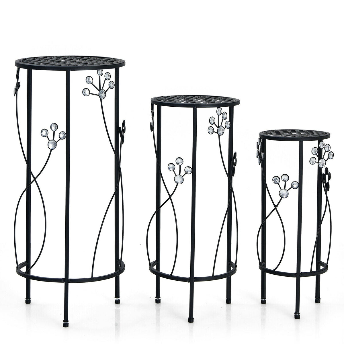 Set of 3 Round Metal Plant Stands with Floral Accents