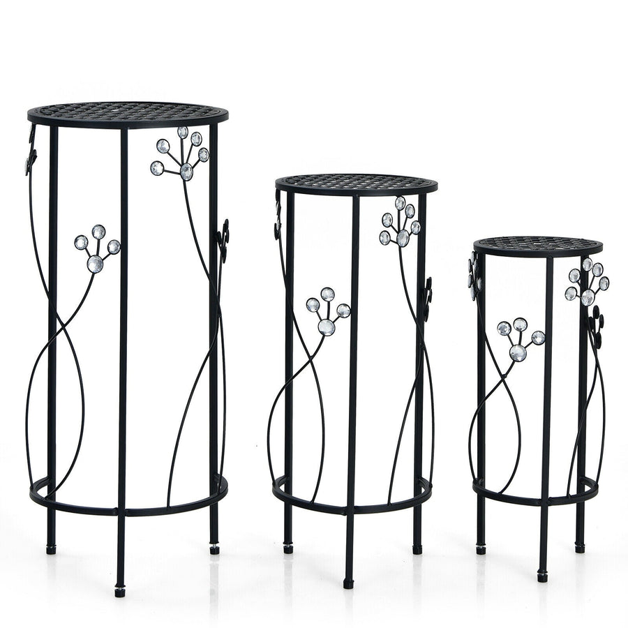 Set of 3 Round Metal Plant Stands with Floral Accents