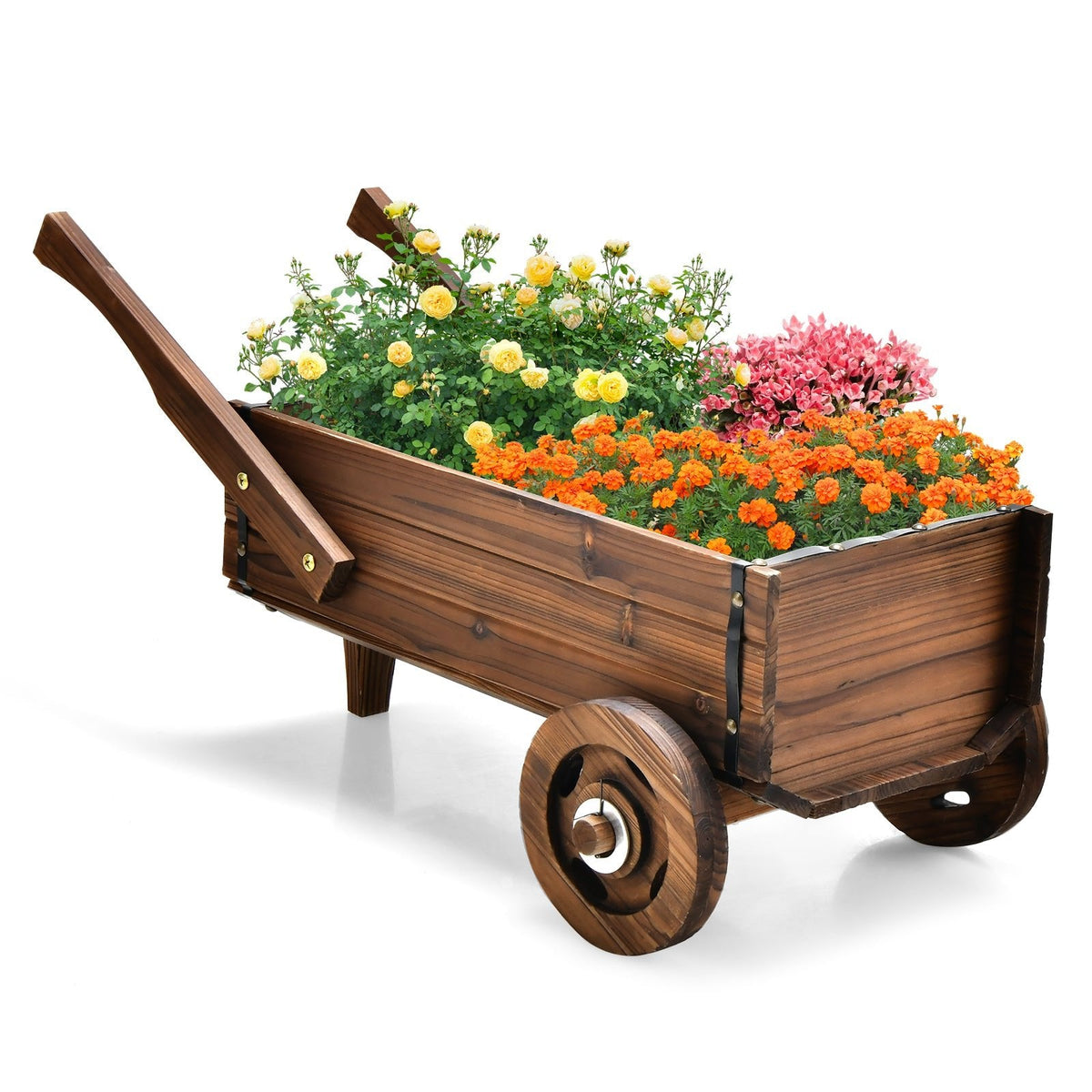Wooden Wagon Planter Box with Wheels and Handles